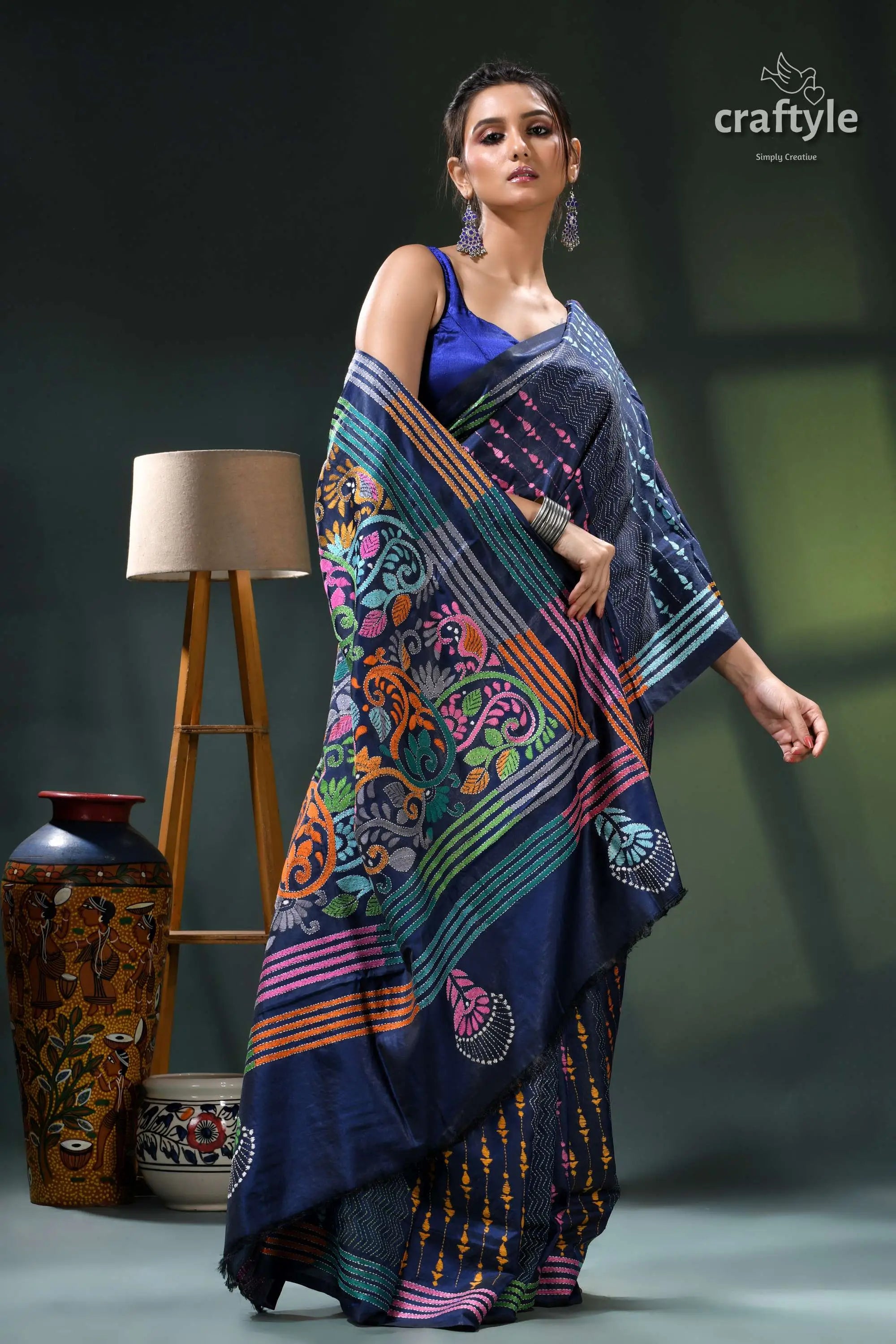 Denim blue multicolor hand embroidered silk kantha stitch saree navy blue saree colorful floral 4