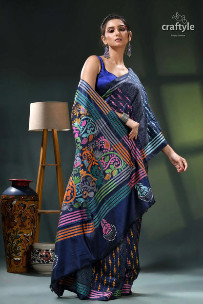 Denim blue multicolor hand embroidered silk kantha stitch saree navy blue saree colorful floral 4