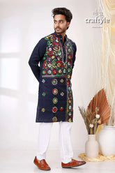 Denim blue multicolor kantha stitch designer cotton panjabi for men navy embroidered kurta vibrant 4