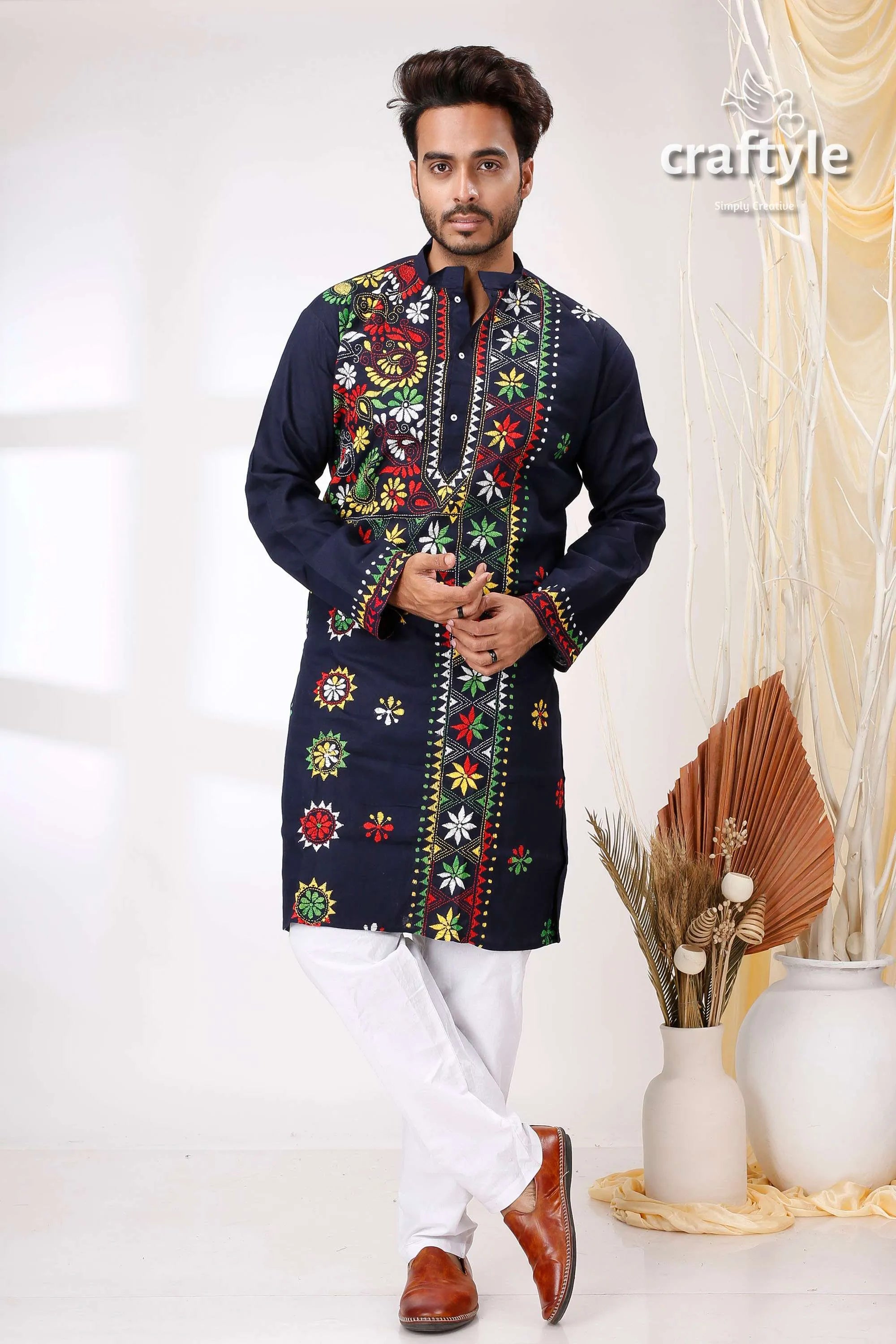 Denim blue multicolor kantha stitch designer cotton panjabi for men navy embroidered kurta vibrant 1