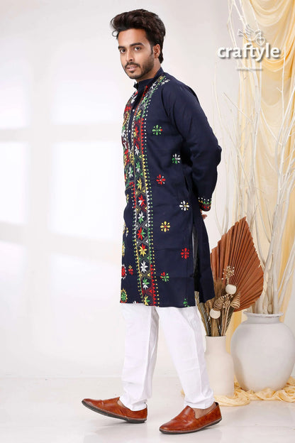 Denim blue multicolor kantha stitch designer cotton panjabi for men navy embroidered kurta colorful 3
