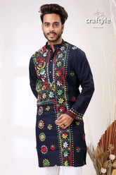 Denim blue multicolor kantha stitch designer cotton panjabi for men navy embroidered kurta vibrant 2