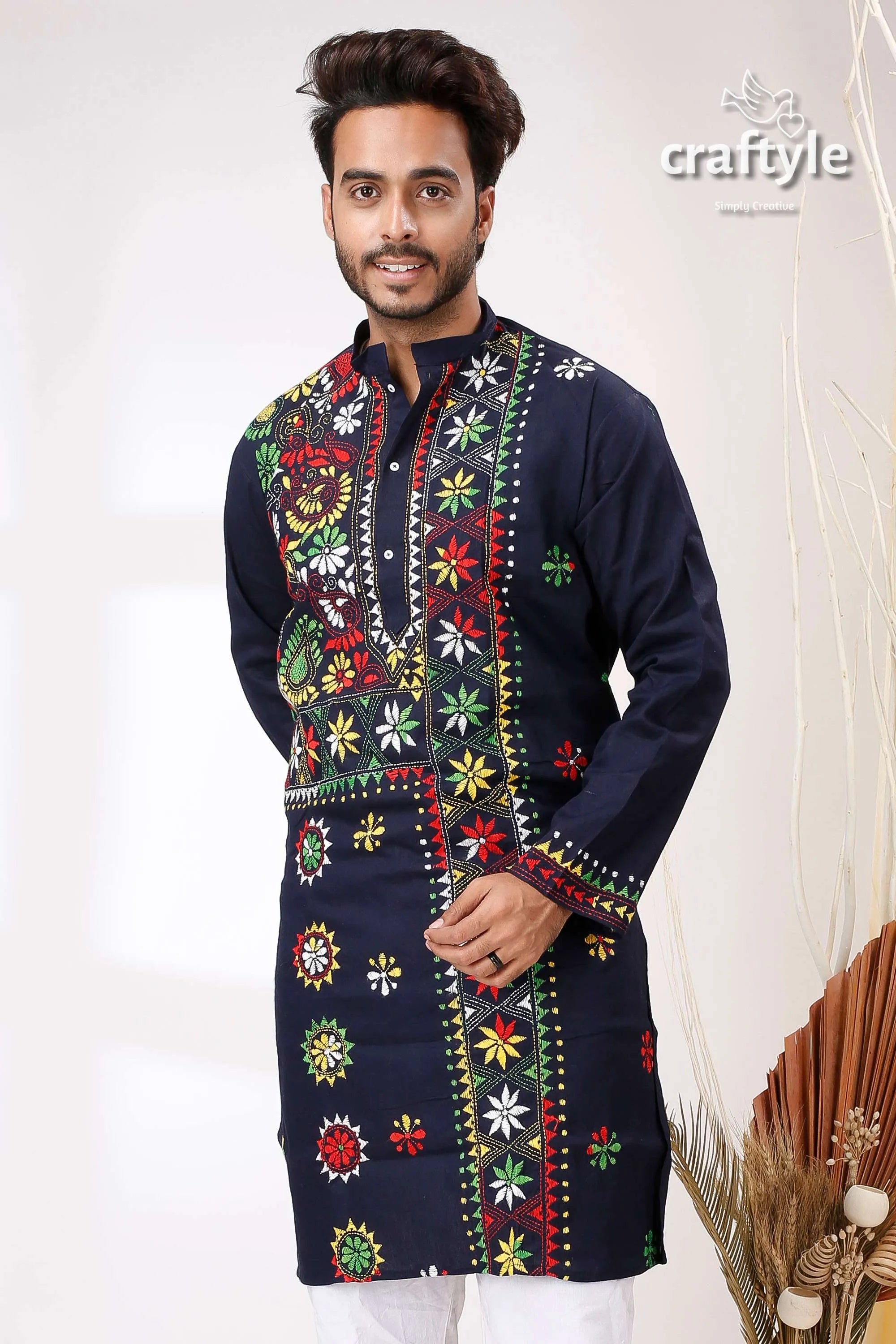 Denim blue multicolor kantha stitch designer cotton panjabi for men navy embroidered kurta vibrant 2