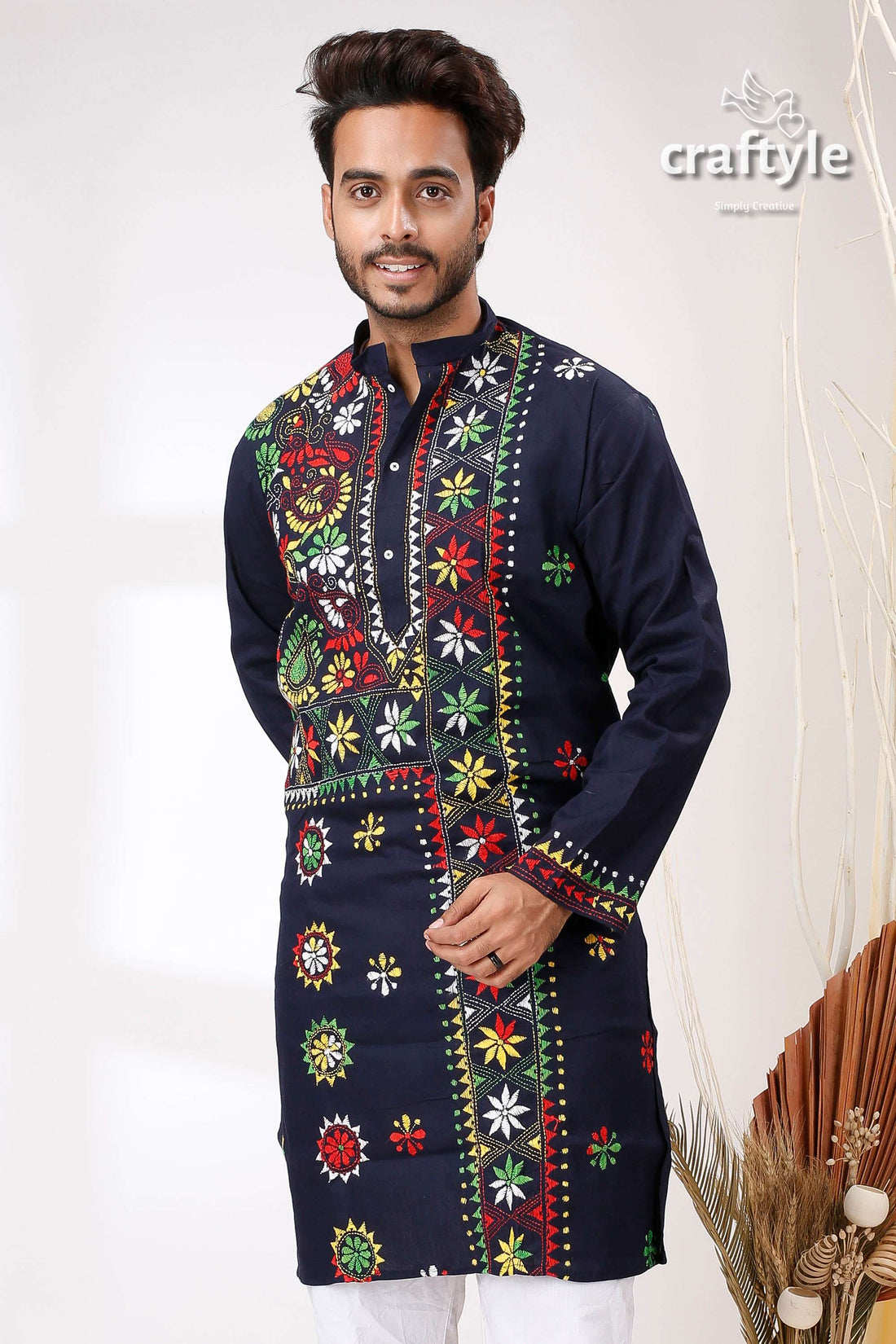 Denim Blue Multicolor Kantha Stitch Designer Cotton Panjabi for Men - Craftyle