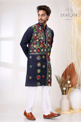 Denim Blue Multicolor Kantha Stitch Designer Cotton Panjabi for Men - Craftyle