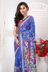 Denim Blue Multithread Handmade Silk Kantha Saree - Craftyle