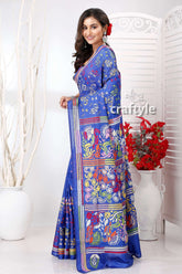 Denim Blue Multithread Handmade Silk Kantha Saree - Craftyle