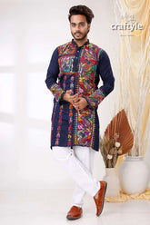 Denim blue multithread work kantha embroidery gents kurta man navy vibrant 1