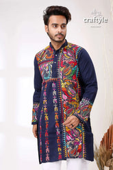 Denim blue multithread work kantha embroidery gents kurta navy vibrant colorful 2