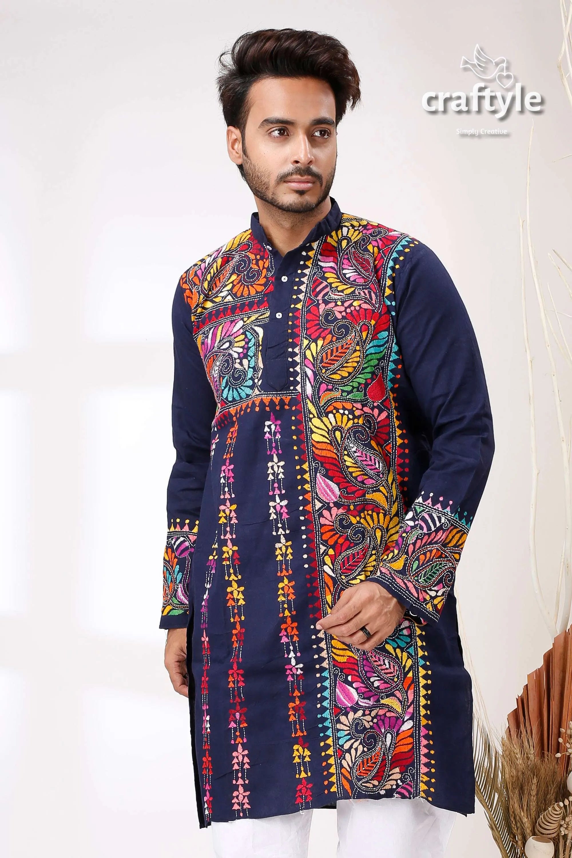 Denim blue multithread work kantha embroidery gents kurta navy vibrant colorful 2