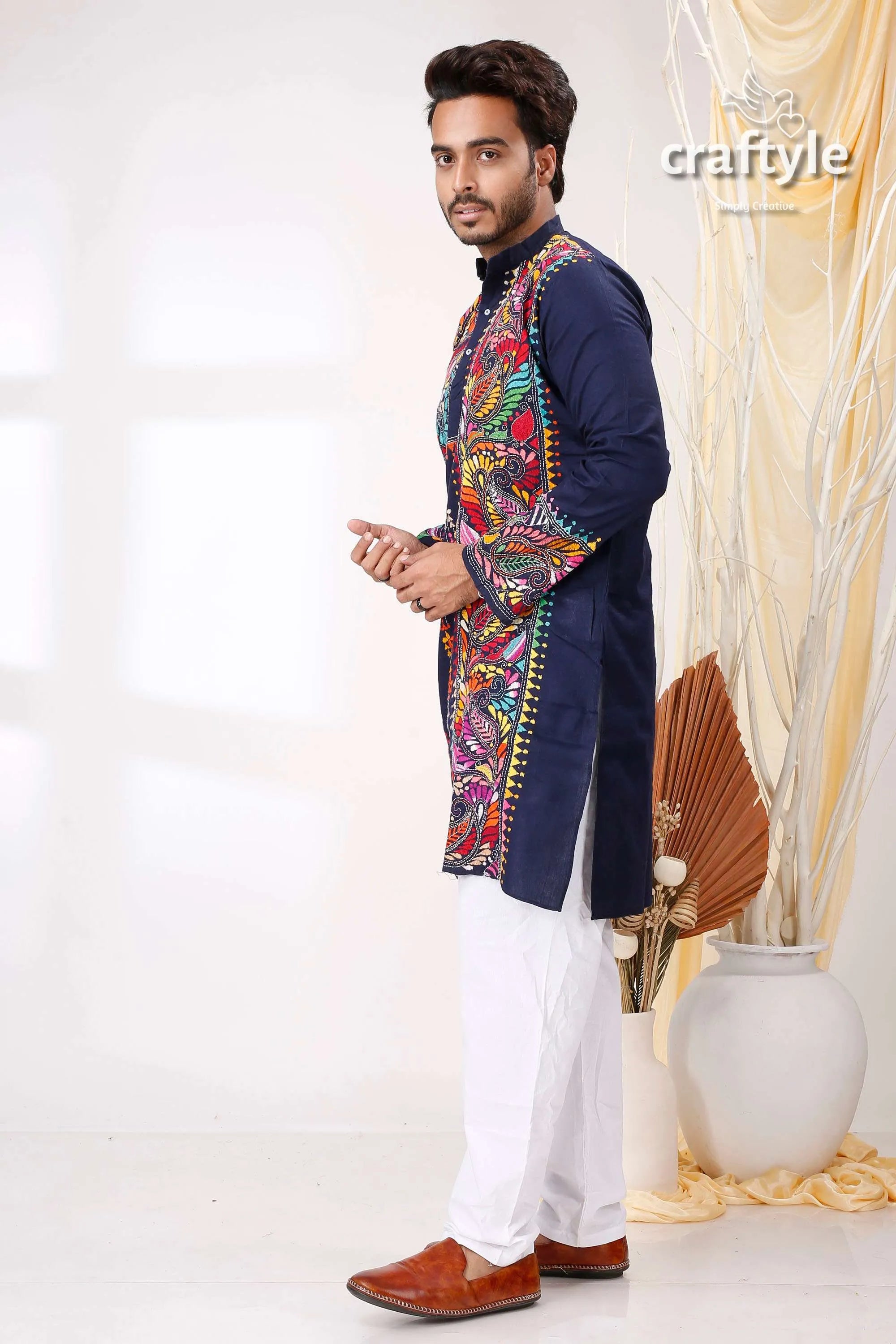 Denim blue multithread work kantha embroidery gents kurta navy vibrant colorful 3