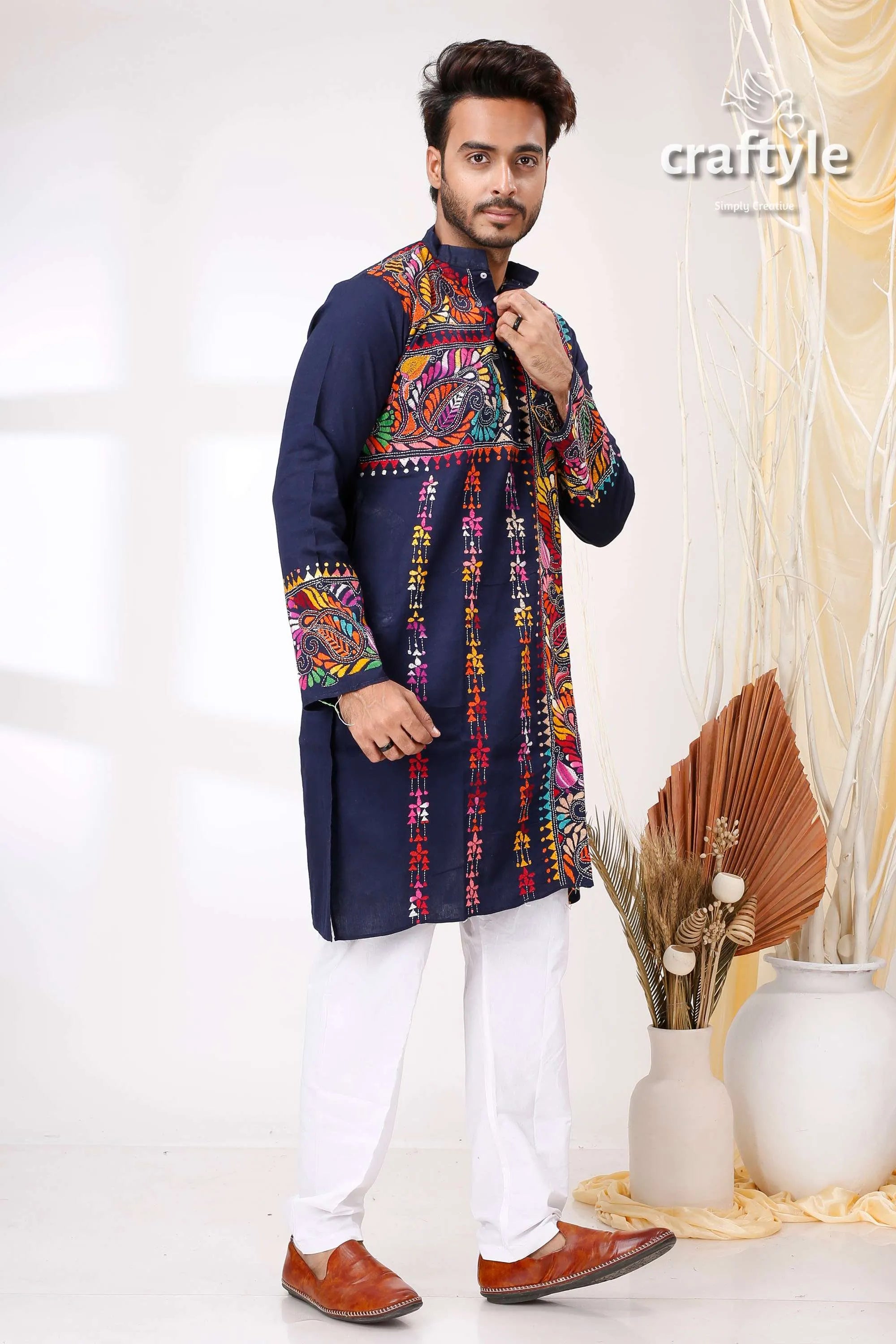 Denim blue multithread work kantha embroidery gents kurta navy embroidered vibrant 4