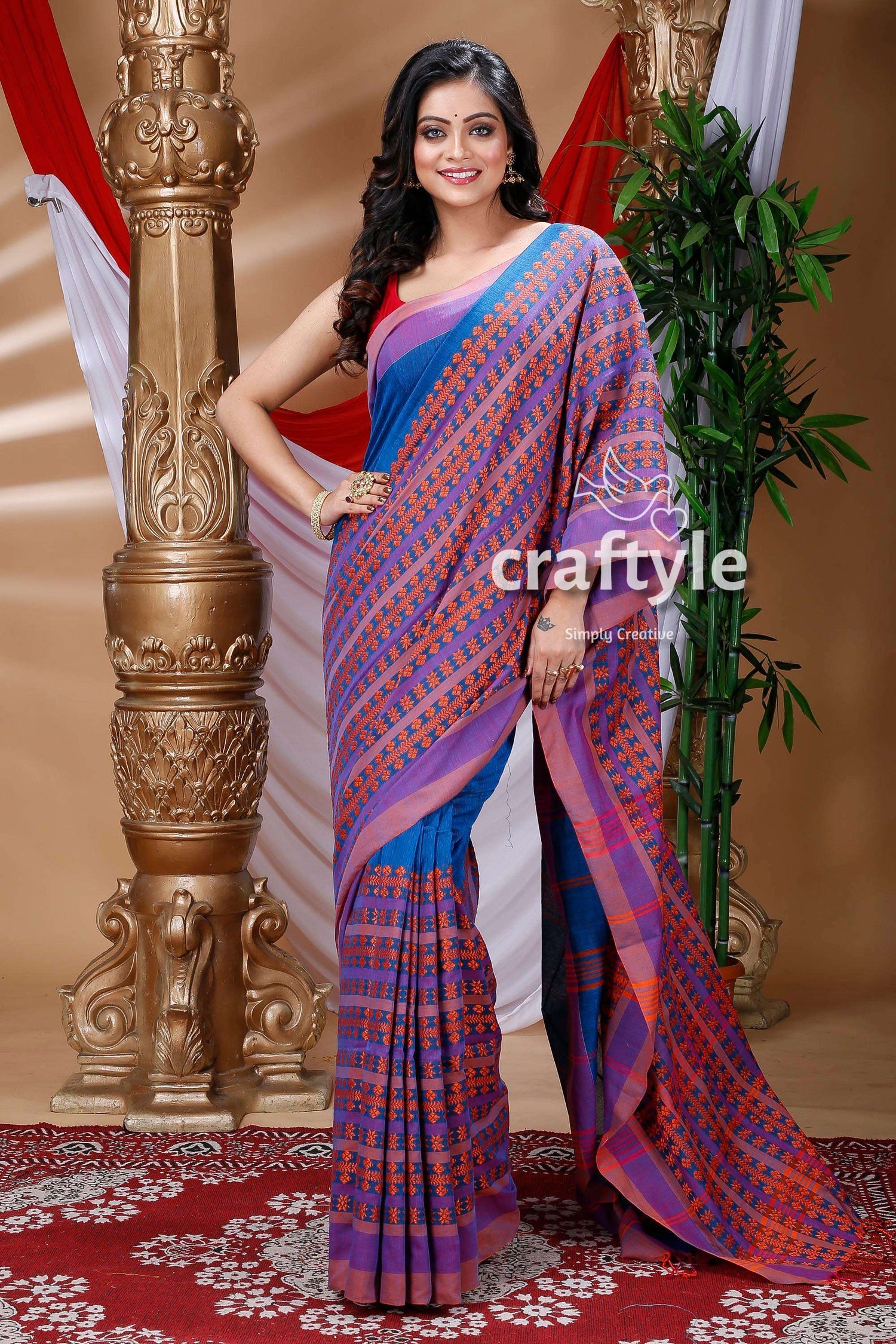 Denim Blue &amp; Orange Begampuri Cotton Saree-Craftyle