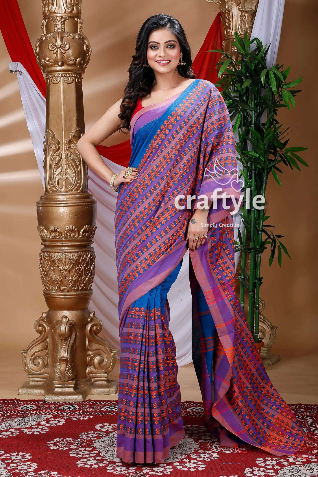 Denim blue & orange begampuri cotton saree blue purple patterned saree 1