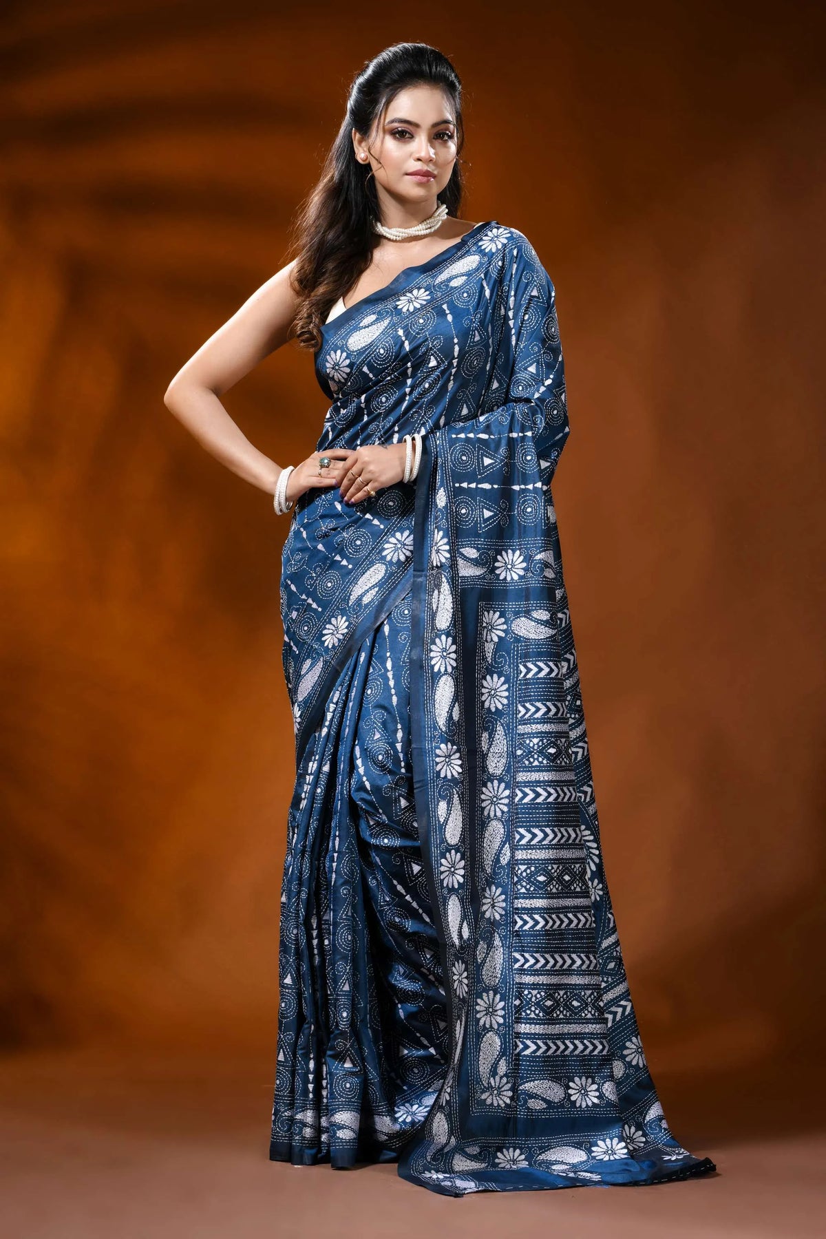 Denim blue silk kantha saree with paisley floral hand embroidery 1