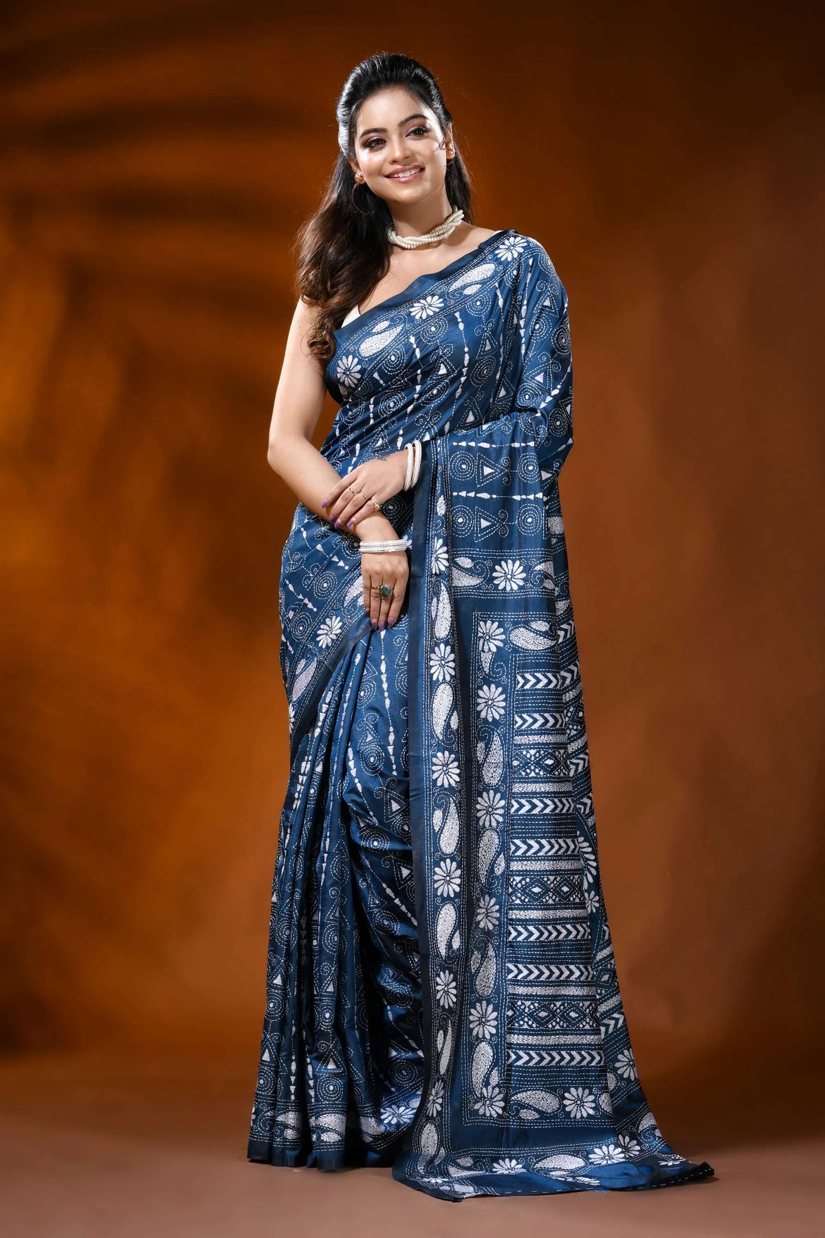 Denim blue silk kantha saree with paisley floral hand embroidery 6