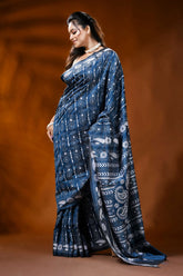 Denim blue silk kantha saree with paisley floral hand embroidery 4