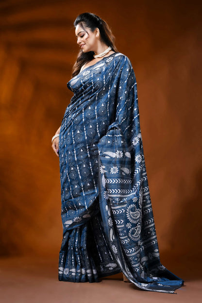 Denim blue silk kantha saree with paisley floral hand embroidery 4