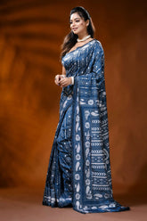 Denim blue silk kantha saree with paisley floral hand embroidery 3