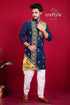 Denim blue & yellow kantha work embroidered cotton mens kurta men’s navy 1