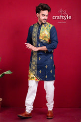 Denim blue & yellow kantha work embroidered cotton mens kurta men’s navy 3