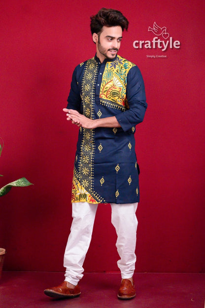 Denim blue &amp; yellow kantha work embroidered cotton mens kurta men’s navy 3
