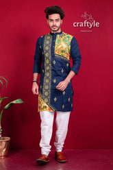 Denim blue & yellow kantha work embroidered cotton mens kurta men’s navy 5