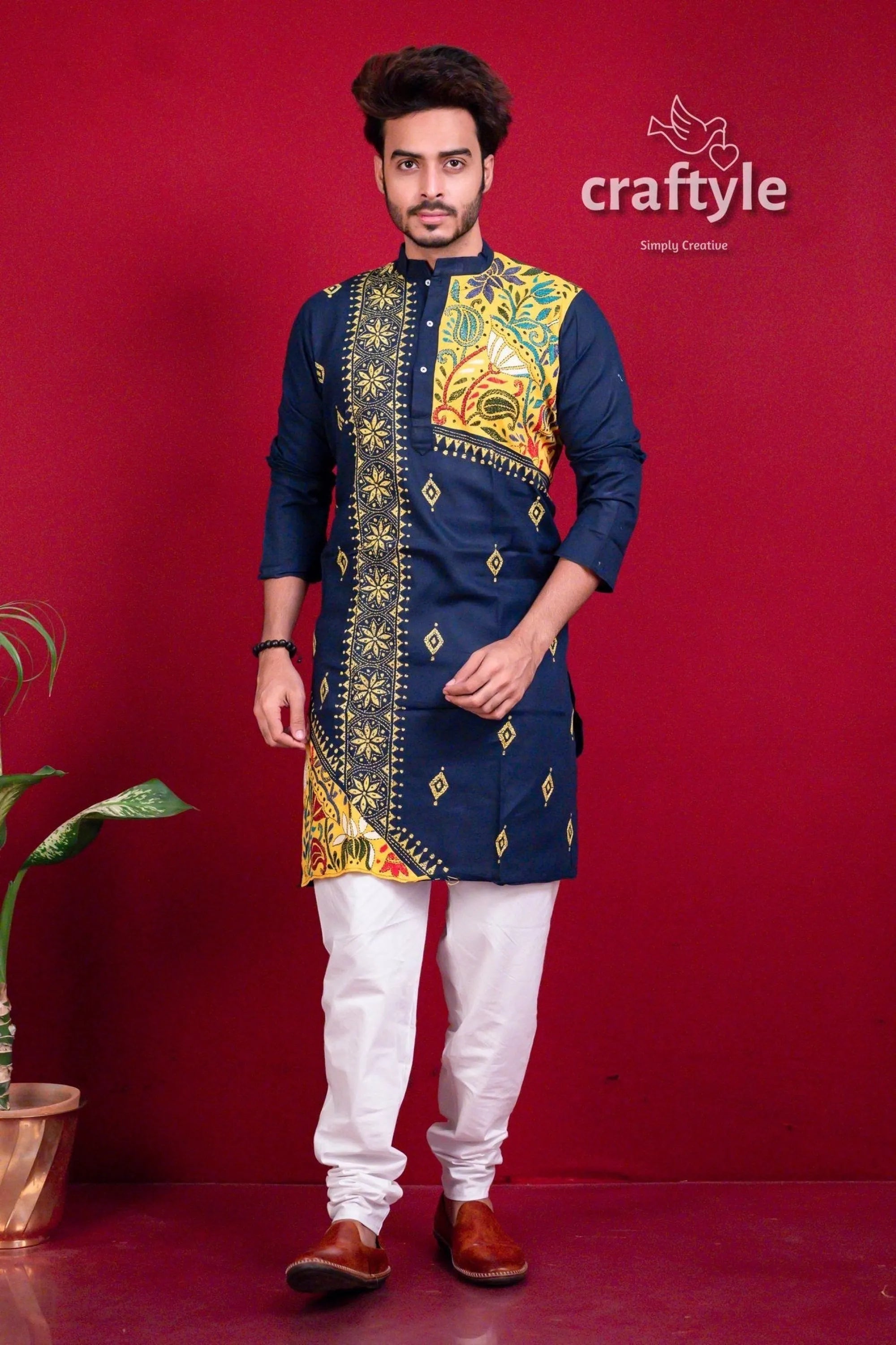 Denim blue &amp; yellow kantha work embroidered cotton mens kurta men’s navy 5