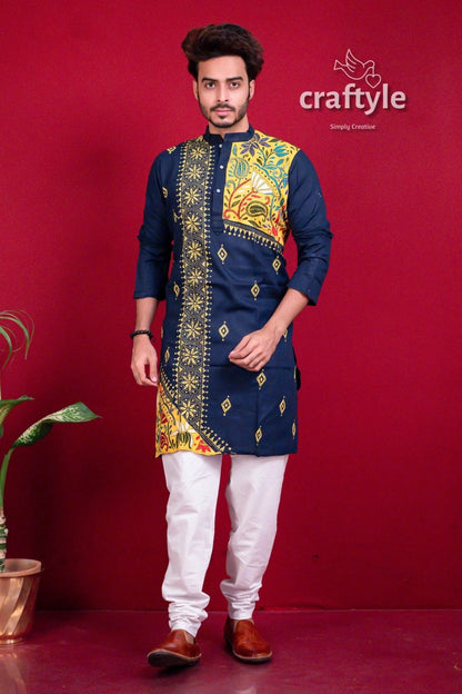 Denim blue &amp; yellow kantha work embroidered cotton mens kurta men’s navy 5