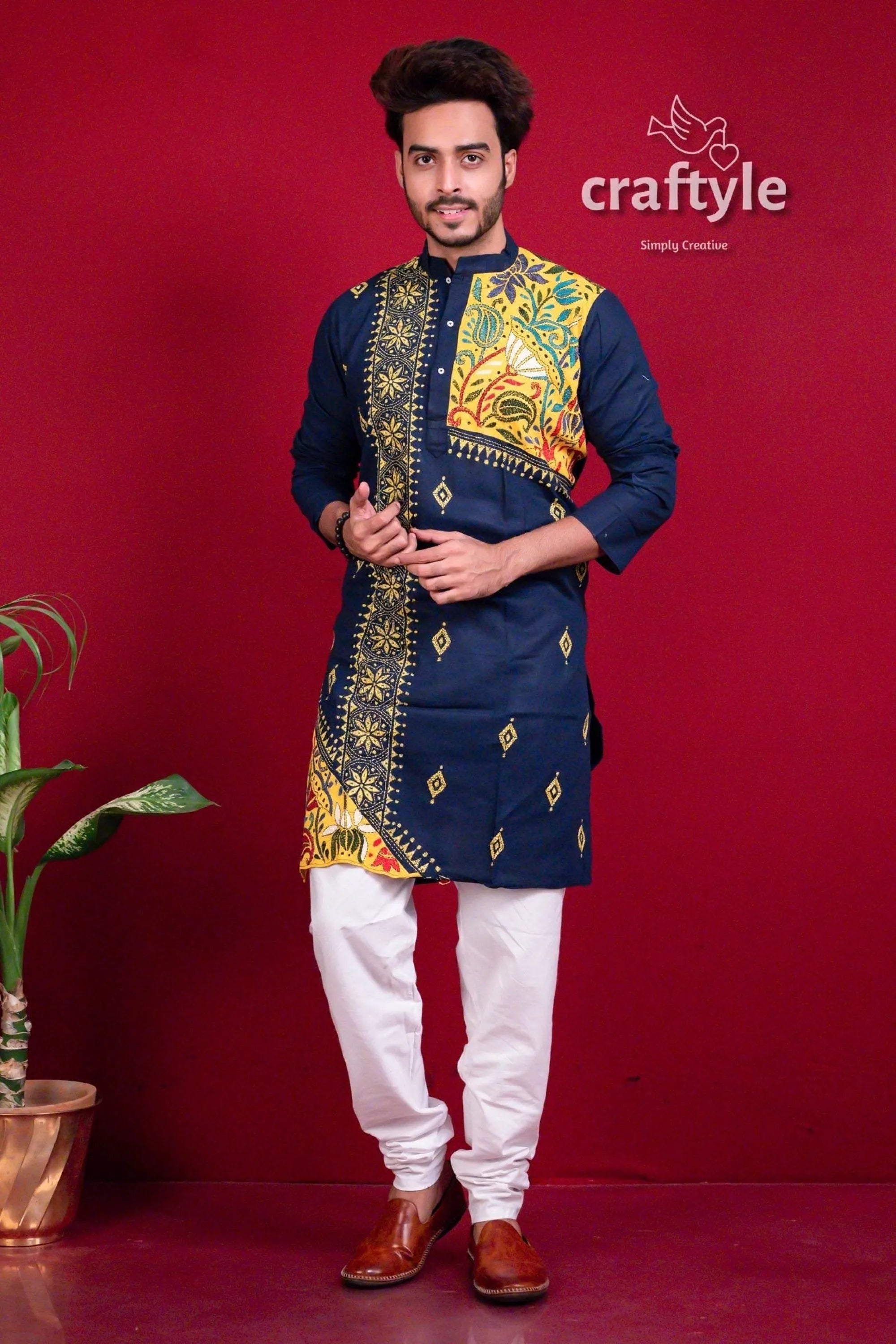 Denim blue &amp; yellow kantha work embroidered cotton mens kurta men’s navy 4