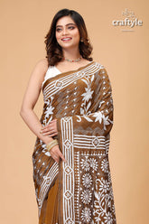 Derby Brown White Thread Work Kantha Silk Saree - Craftyle