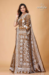 Derby Brown White Thread Work Kantha Silk Saree - Craftyle