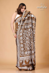 Derby Brown White Thread Work Kantha Silk Saree - Craftyle
