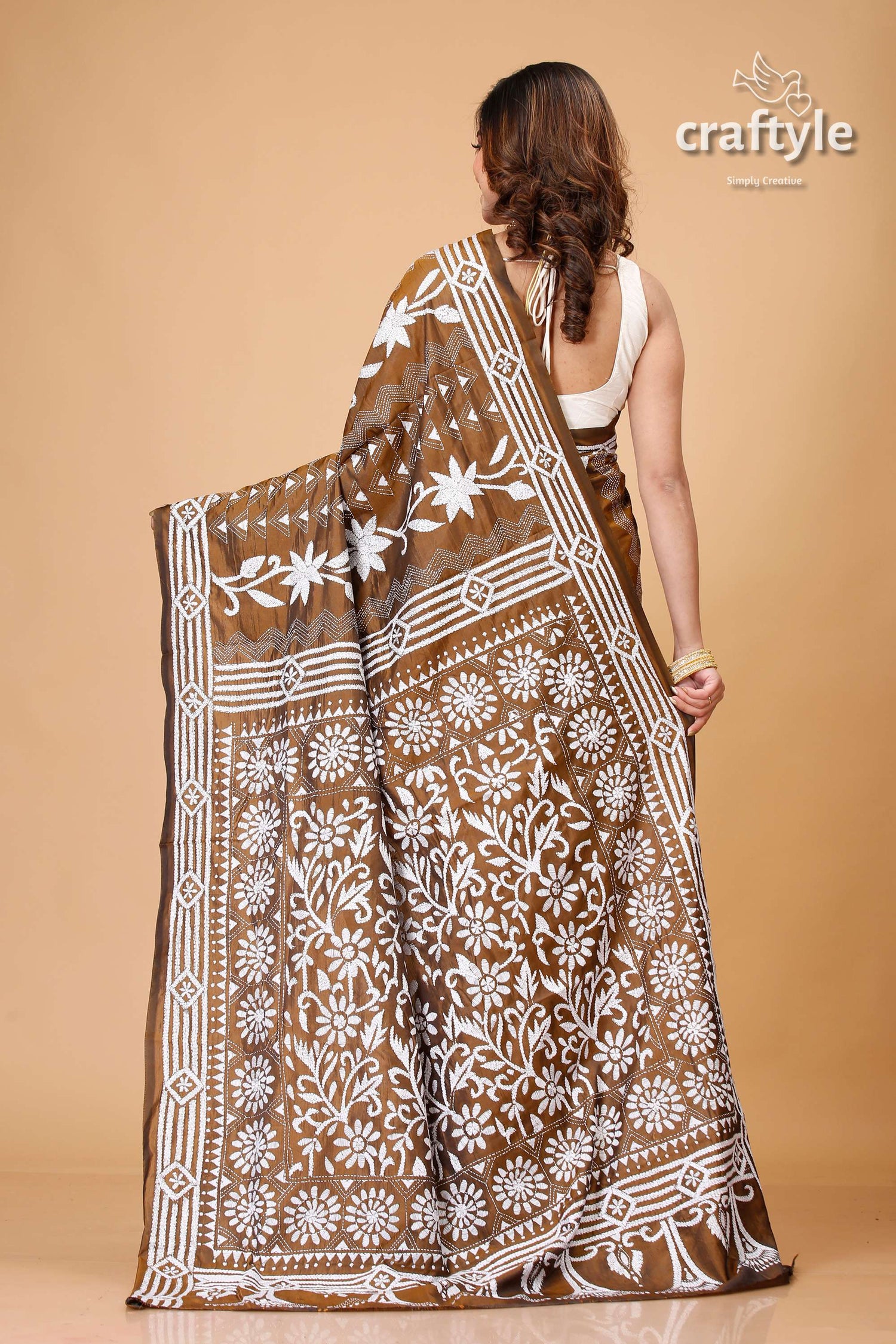 Derby Brown White Thread Work Kantha Silk Saree - Craftyle