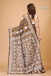 Derby Brown White Thread Work Kantha Silk Saree - Craftyle