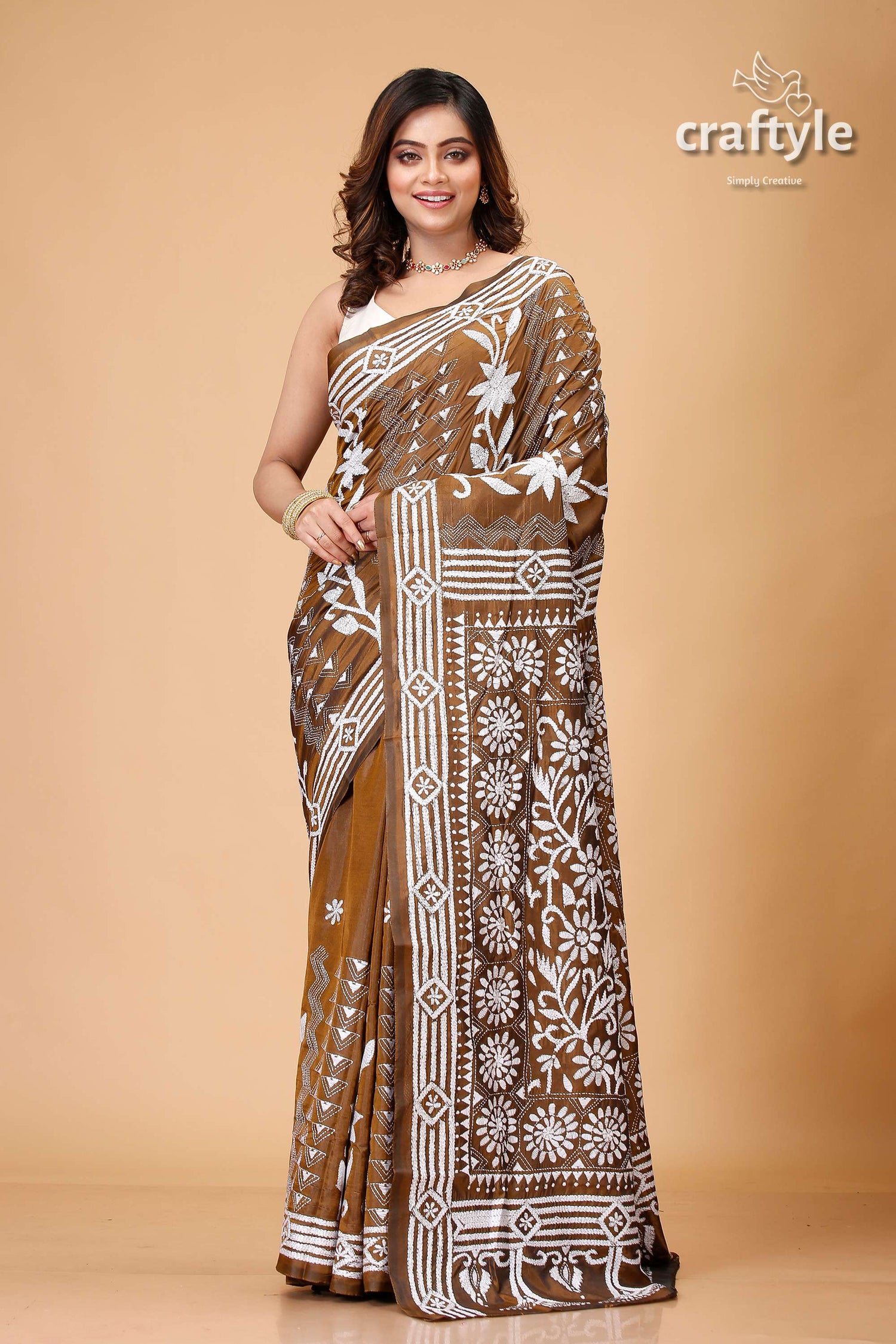 Derby Brown White Thread Work Kantha Silk Saree - Craftyle
