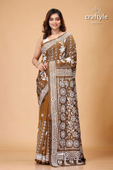 Derby Brown White Thread Work Kantha Silk Saree - Craftyle
