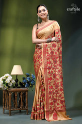 Desert sand red thread work floral silk kantha embroidery saree woman wears beige saree intricate 7