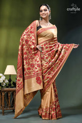 Desert sand red thread work floral silk kantha embroidery saree woman wears beige red floral 5