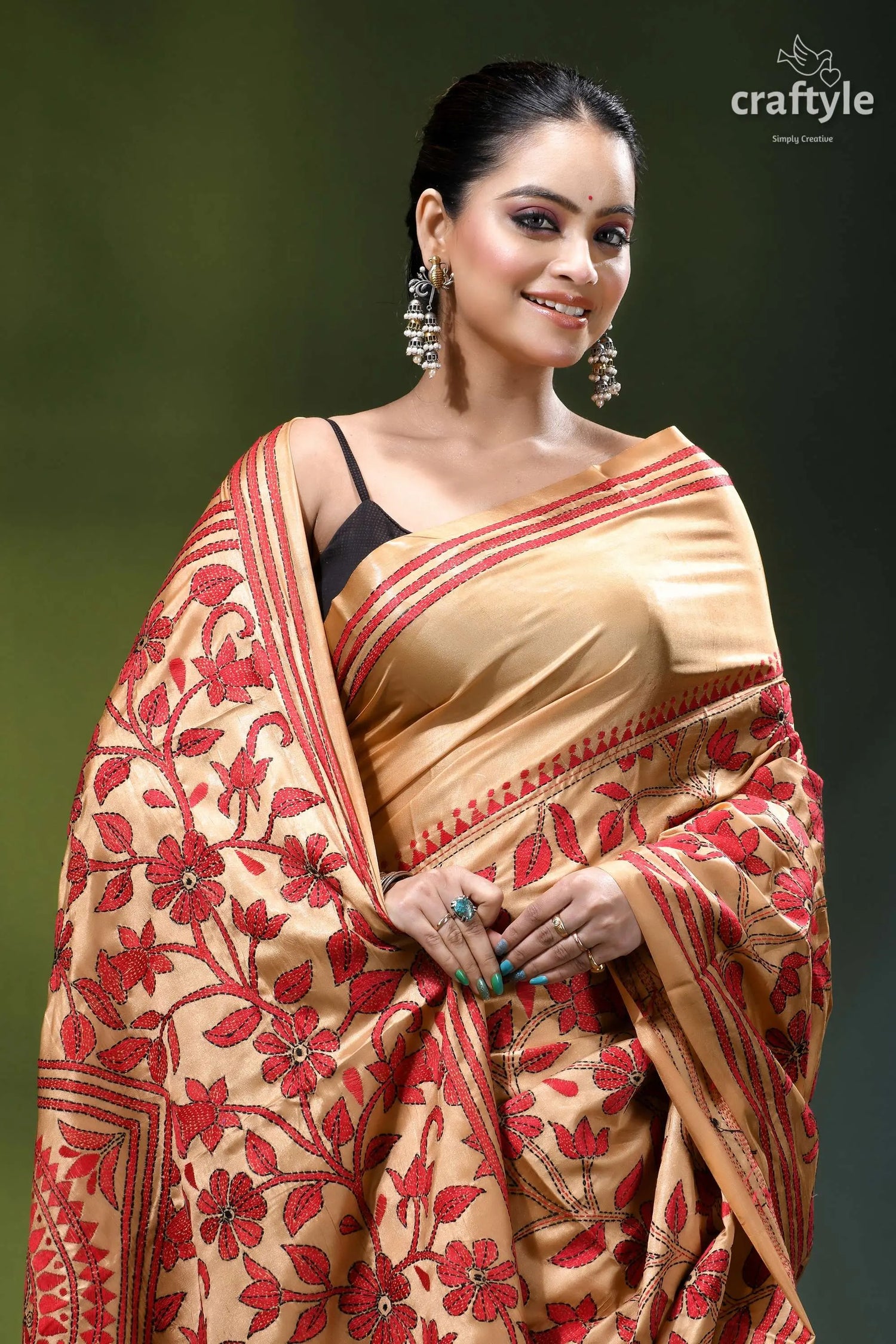 Desert sand red thread work floral silk kantha embroidery saree woman wears beige silk saree 2