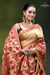 Desert sand red thread work floral silk kantha embroidery saree woman wears beige silk saree 2