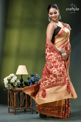 Desert sand red thread work floral silk kantha embroidery saree woman wears beige red floral-patterned 4