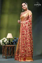 Desert sand red thread work floral silk kantha embroidery saree woman wears beige silk saree 3