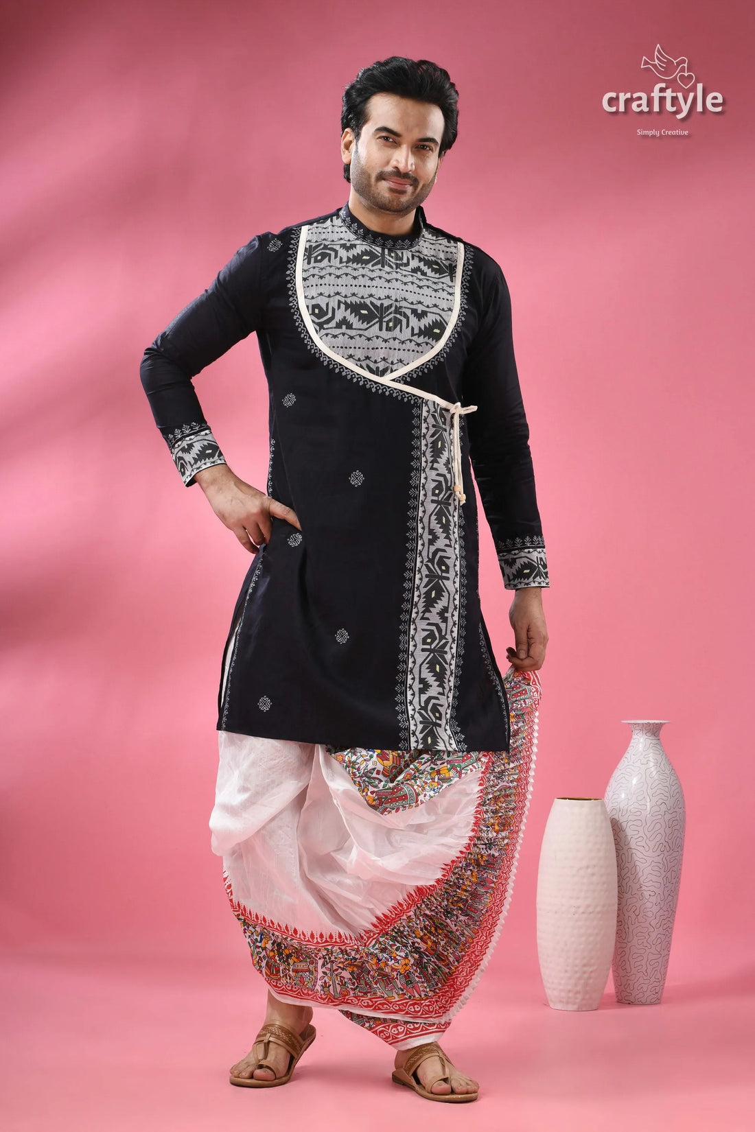 Designer cotton jamdani panjabi for men - ethnic indian formal wear men’s black angrakha kurta white 1
