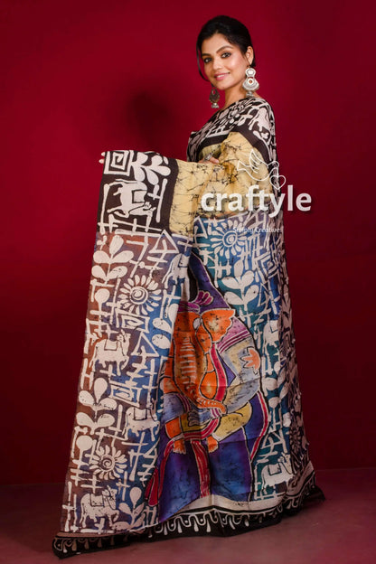 Dessert sand ganesha painted hand batik mulberry pure silk saree woman batik saree 3