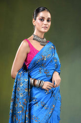 Dodger blue hand embroidered floral kantha silk saree vibrant intricate 2