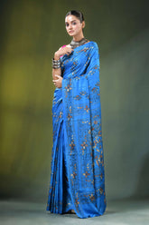 Dodger blue hand embroidered floral kantha silk saree vibrant adorned 6
