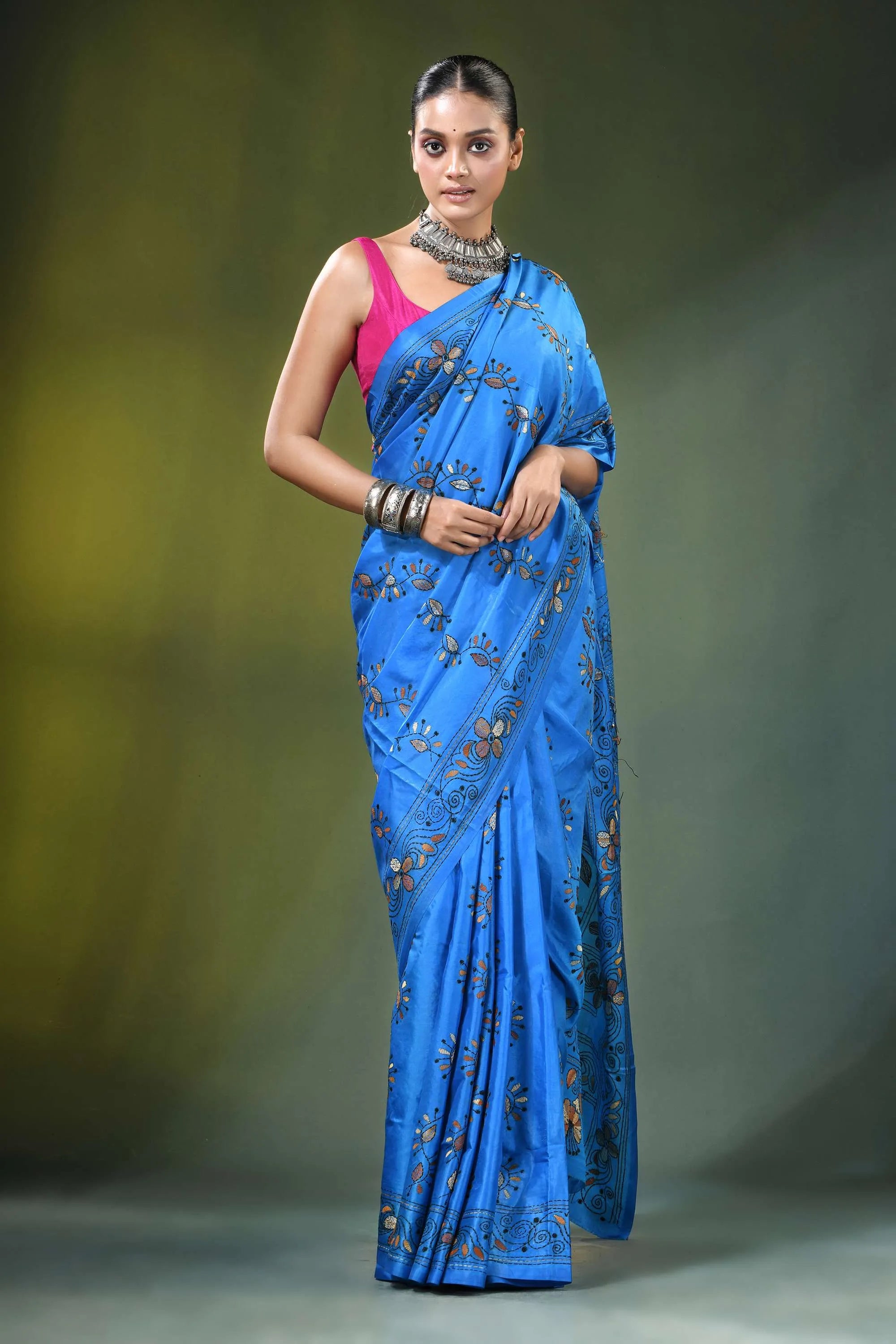 Dodger blue hand embroidered floral kantha silk saree vibrant adorned 4