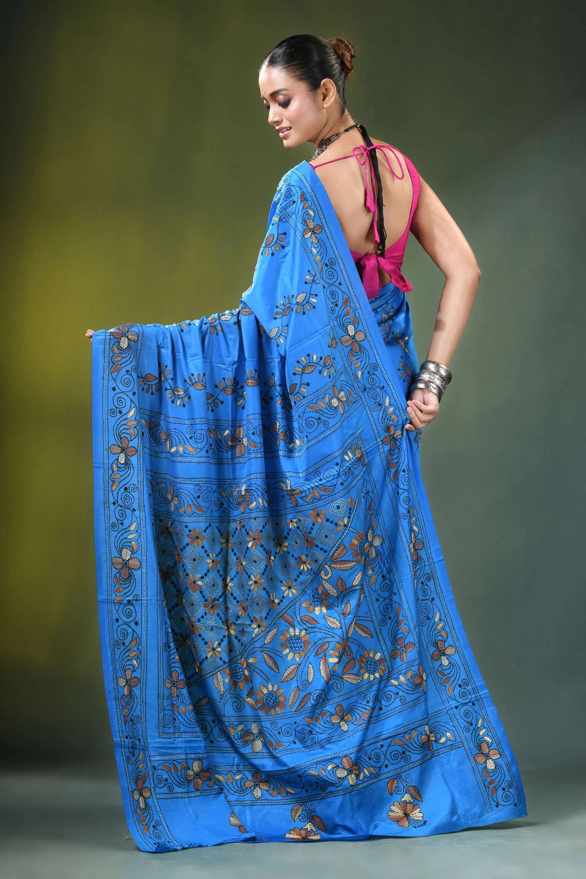 Dodger blue hand embroidered floral kantha silk saree vibrant intricate 5