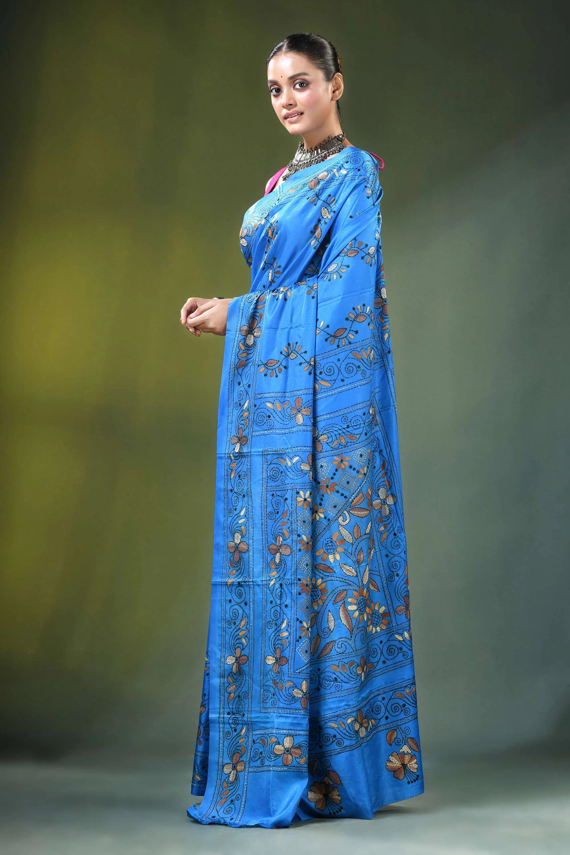 Dodger blue hand embroidered floral kantha silk saree vibrant adorned intricate 3